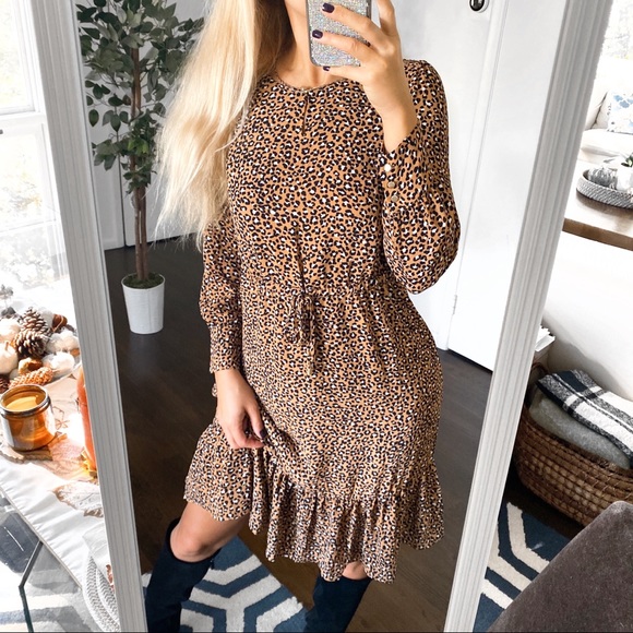 🍂 TALBOTS TAN BLACK ANIMAL PRINT LOOSE LONG SLEEVD DRESS! - Picture 2 of 14